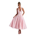 Vestido midi elegante para mulher com corpete e costas nuas com decote em V e laço no pescoço com cordão nas costas 7