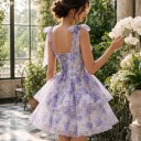 Vestido mini de malha para senhora com alças e laços e corpete com cordão nas costas em azul e branco com padrão floral 8
