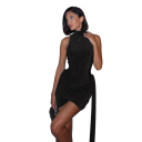 Vestido mini elegante sem mangas com colarinho alto, barra assimétrica, detalhe franzido, cauda longa solta, corte justo, vestido de festa 1