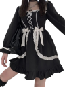 Vestido preto com rendas no estilo da moda lolita japonesa Manga longa Laços decorativos Babados Laço Elegante cosplay retro gótico 1