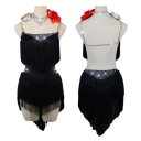 Vestidos de baile latino para mujer con flecos y brillantes con espalda descubierta y tirantes finos para competiciones y actuaciones de baile 8
