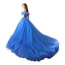 Vestidos de gala femininos com cauda longa e volantes nos ombros descobertos com atilhos nas costas e saia em camadas com volantes 4