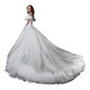 Vestidos de gala femininos com cauda longa e volantes nos ombros descobertos com atilhos nas costas e saia em camadas com volantes 1