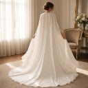 Vestidos de novia árabes para mujer con capa larga sobre los hombros y escote alto hasta el cuello con cola en color marfil 6