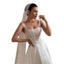 Vestidos de novia largos para mujer con tirantes, corsé y perlas, con falda en forma de A y cola blanca con patrón de encaje 4