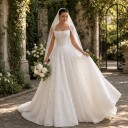 Vestidos de novia largos para mujer con tirantes, corsé y perlas, con falda en forma de A y cola blanca con patrón de encaje 6
