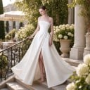 Vestidos de novia largos sin mangas con cola de 50 cm y alta abertura con corsé fruncido y falda plisada blanca para baile 8