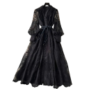 Vestidos largos de encaje para mujer con escote en V y mangas largas abullonadas con botones y cinturón para ocasiones formales e informales 2
