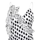 Vestidos longos femininos com alças finas, decote em V e volantes com flor e costas profundamente expostas na cor branca com bolinhas pretas 10