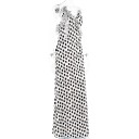Vestidos longos femininos com alças finas, decote em V e volantes com flor e costas profundamente expostas na cor branca com bolinhas pretas 13