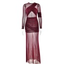 Vestidos longos transparentes com drapeado assimétrico Manga transparente e efeito de sobreposição Corte justo Vestidos de noite elegantes para mulheres ousadas 3