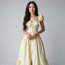 Vestidos midi a rayas para mujer con botones, tirantes con volantes y escote cuadrado con falda fruncida y dobladillo con volantes 3