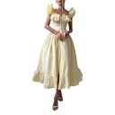 Vestidos midi a rayas para mujer con botones, tirantes con volantes y escote cuadrado con falda fruncida y dobladillo con volantes 1
