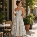 Vestidos midi femininos com alças finas, corpete e decote em coração, riscas verdes com pequenas flores para o verão 10