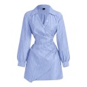 Vestidos mini de camisa a rayas para mujer con mangas largas y escote en V cruzado con fruncido en la cintura y dobladillo asimétrico en color 1