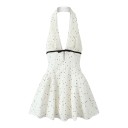 Vestidos mini sin mangas para mujer con escote en V profundo y espalda descubierta con corsé plisado y lazo en color blanco con lunares negros 1