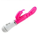 Vibrator dublu cu stimulator cap de iepure, 12 moduri de vibratie, pentru stimularea punctului G si masaj vaginal, suprafata din silicon, diverse culori, ambalaj discret 6