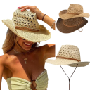 Vintage Cowboy Zonnehoed 55-58cm Stro Unisex Hoed Etnische Stijl UV-bescherming Strandhoed Winddicht Zomeraccessoire 3