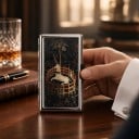 Vintage stílusú kártytartó 10 x 6 x 2 cm Fémes Ezüst színű sötét fedéllel Egyszarvú motívummal a kerítésben Két rekesz Névjegyek és kártyák számára 5