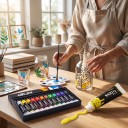 Vitrajfarver sæt 12 stk Tubes 12 ml Vandfast akryl til glas Inkluderer 6 pensler og blandepalette Til glas, vaser og glaskunst 5