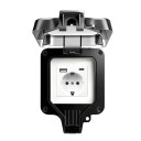 Voděodolná venkovní zásuvka EU s krytem IP66, USB-A a USB-C, 16 A / 220 V, 11 × 11 cm, plastová, černá, na zeď do zahrady i garáže 1
