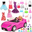 Voiture pour poupées avec vêtements et accessoires 26 pcs Cabriolet rose Robes et chaussures avec sacs à main Plastique et textile Dimensions 1