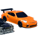 Voiture RC de drift 1:43 orange 2.4G traction intégrale 3,7 V 200mAh portée de 20 m 30 min de conduite chargement USB-C contrôle proportionnel cônes 2