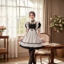 Voksen kostume tjenestepige Sorte kjoler med hvidt forklæde med flæser Krave og fluffy manchetter Polyester Sort og hvid Til cosplay og fest 4
