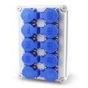 Vonkajšia vodotesná zásuvková skrinka 10 zásuviek EU 220V 16A IP67, ABS 280×190×130 mm, šedá s modrými viečkami, nástenná montáž na záhradu aj do dielne 1