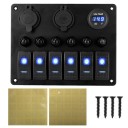 Vypínačový panel do auta 6 kolébkových vypínačů + USB zásuvka zapalovače a voltmetr 12-24V vodotěsný ABS černý pro loď a karavan 2