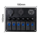 Vypínačový panel do auta 6 kolébkových vypínačů + USB zásuvka zapalovače a voltmetr 12-24V vodotěsný ABS černý pro loď a karavan 5
