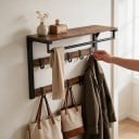 Wandkapstok met plank 42 x 65 x 30 cm en 10 verwijderbare haken op 2 stangen met een kledingstang in bruin en zwart voor de hal 6