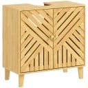 Wastafelonderkast 60 x 30 x 60 cm met uitsparing voor de sifon en deuren met een lamellenpatroon in visgraat op poten in natuurlijke kleur 1