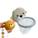 Water Throwing Basket with Suction Cups 16 x 22 cm Grey Otter with Light White Net and Soft Ball 6.5 cm Bath Toy Random Ball Colour 4
