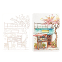 Watercolour Painting Set with Café and Cityscape Motifs 18.6 × 14.2 cm Water Brush 12 Colours Pre-Printed Papers for Travel 2