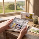 Watercolour Paints Set 9 pcs Half Pans in Pocket Box with Palette High Lightfastness and Transparency Landscape Shades Includes Brush 3