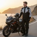 Waterproof Motorcycle Suit Jacket and Trousers Jacket with Stand-Up Collar and Flap Pocket Trousers with Elastic Waist Black-Grey with Red 5