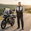 Waterproof Motorcycle Suit Jacket and Trousers Jacket with Stand-Up Collar and Flap Pocket Trousers with Elastic Waist Black-Grey with Red 6
