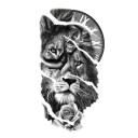 Waterproof Temporary Tattoo 21 x 11.4 cm Lion with Lioness, Rose and Roman Clock Animal Motif Easy Application Durable Tattoo Symbol of Strength and Time 1