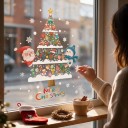 Weihnachtliche Fensteraufkleber Mehrfach verwendbar Bunter Weihnachtsbaum aus Ornamenten mit Santa und Schneemann Aufschrift Merry Christmas 1