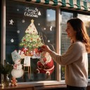 Weihnachtliche Fensteraufkleber Wiederverwendbar Santa mit Schneemann und Weihnachtsbaum Geschenke Grün und Rot Dekoration für Glas 1