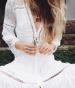 Weiße Damen Sommer Boho Kleid mit Spitzen-Einsätzen Knopfverschluss V-Ausschnitt und langen Ärmeln Rock mit Volant Baumwolle und Polyester 6