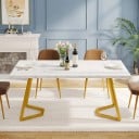 Weißer Esstisch 140 x 80 x 75 cm Goldene Beine mit vertikalen und schrägen Armen, verbunden durch eine gebrochene Basis Rechteckige Platte ohne Rahmen 1