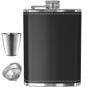 Whisky Hip Flask 237 ml Stainless Steel 304 with Leather Cover Black Screw Cap with Arm Funnel and Cup Included 2