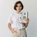 White Flip Case for 6 Inch Kindle 10th Generation 2019 with Drawn Blue and Turquoise Flowers and Tendrils with Strap and Film 2
