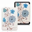 Witte flipcase 6 inch voor Kindle 10e generatie 2019 met getekende blauwe en turquoise bloemen en ranken met een handband en folie 1
