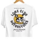 Witte T-shirt met korte mouwen en motorrijdersprint van een kat in een gele helm met gekruiste sleutels op de rug en tekst op de borst unisex 8