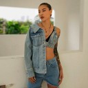 Women's Asymmetrical Denim Jacket with One Sleeve and Short Strappy Top Light Washed Blue Colour Metal Buttons Cotton and Polyester 2