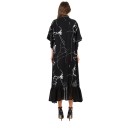 Women's Asymmetrical Maxi Dress with Shirt Collar Front Buttoning Short Wide Sleeves Ruffled Skirt Black with White Sketch Print 2