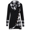 Women's Asymmetrical Sweatshirt with Checked Collar and Cuffs Diagonally Wrapped Front with Buttons Rounded Hem Long Sleeves Polyester 1